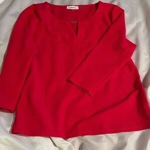 Calvin Klein. Bright pink top with 3/4 length sleeves. Fitted but not tight.